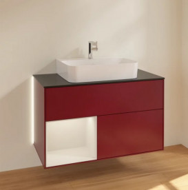 Тумба под раковину Villeroy & Boch Finion 100х50,1 см с подсветкой МДФ пион матовый лак/светло-серый матовый лак/стекло черное матовое G112GJHB