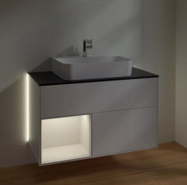 Тумба под раковину Villeroy & Boch Finion 100х50,1 см с подсветкой МДФ белый матовый лак/светло-серый матовый лак/стекло черное матовое G112GJMT