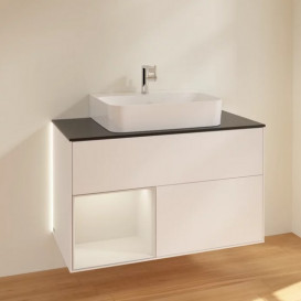 Тумба под раковину Villeroy & Boch Finion 100х50,1 см с подсветкой МДФ белый матовый лак/светло-серый матовый лак/стекло черное матовое G112GJMT