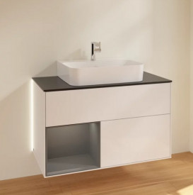 Тумба под раковину Villeroy & Boch Finion 100х50,1 см с подсветкой МДФ глянцевый белый лак/антрацит матовый лак/стекло черное матовое G112GKGF