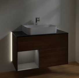 Тумба под раковину Villeroy & Boch Finion 100х50,1 см с подсветкой ДСП шпон грецкого ореха/антрацит матовый лак/стекло черное матовое G112GKGN