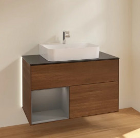 Тумба под раковину Villeroy & Boch Finion 100х50,1 см с подсветкой ДСП шпон грецкого ореха/антрацит матовый лак/стекло черное матовое G112GKGN