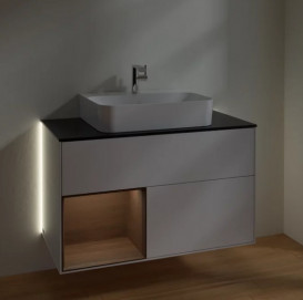 Тумба под раковину Villeroy & Boch Finion 100х50,1 см с подсветкой МДФ глянцевый белый лак/шпон грецкого ореха/стекло черное матовое G112GNGF