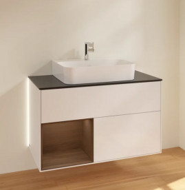 Тумба под раковину Villeroy & Boch Finion 100х50,1 см с подсветкой МДФ глянцевый белый лак/шпон грецкого ореха/стекло черное матовое G112GNGF