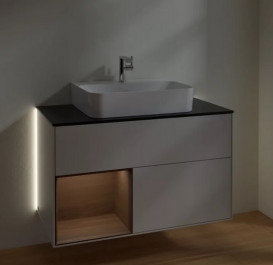 Тумба под раковину Villeroy & Boch Finion 100х50,1 см с подсветкой МДФ светло-серый матовый лак/шпон грецкого ореха/стекло черное матовое G112GNGJ