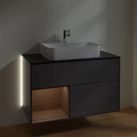 Тумба под раковину Villeroy & Boch Finion 100х50,1 см с подсветкой МДФ антрацит матовый лак/шпон грецкого ореха/стекло черное матовое G112GNGK