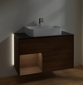 Тумба под раковину Villeroy & Boch Finion 100х50,1 см с подсветкой ДСП шпон грецкого ореха/стекло черное матовое G112GNGN