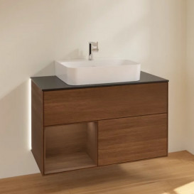 Тумба под раковину Villeroy & Boch Finion 100х50,1 см с подсветкой ДСП шпон грецкого ореха/стекло черное матовое G112GNGN