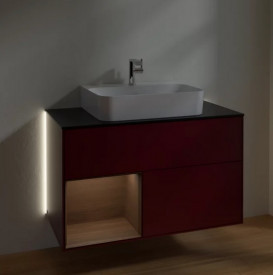 Тумба под раковину Villeroy & Boch Finion 100х50,1 см с подсветкой МДФ пион матовый лак/шпон грецкого ореха/стекло черное матовое G112GNHB