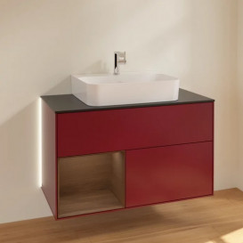 Тумба под раковину Villeroy & Boch Finion 100х50,1 см с подсветкой МДФ пион матовый лак/шпон грецкого ореха/стекло черное матовое G112GNHB