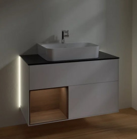 Тумба под раковину Villeroy & Boch Finion 100х50,1 см с подсветкой МДФ белый матовый лак/шпон грецкого ореха/стекло черное матовое G112GNMT