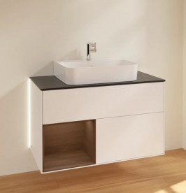 Тумба под раковину Villeroy & Boch Finion 100х50,1 см с подсветкой МДФ белый матовый лак/шпон грецкого ореха/стекло черное матовое G112GNMT