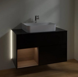 Тумба под раковину Villeroy & Boch Finion 100х50,1 см с подсветкой МДФ черный матовый лак/шпон грецкого ореха/стекло черное матовое G112GNPD