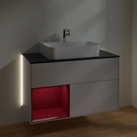 Тумба под раковину Villeroy & Boch Finion 100х50,1 см с подсветкой МДФ светло-серый матовый лак/пион матовый лак/стекло черное матовое G112HBGJ