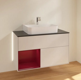 Тумба под раковину Villeroy & Boch Finion 100х50,1 см с подсветкой МДФ светло-серый матовый лак/пион матовый лак/стекло черное матовое G112HBGJ