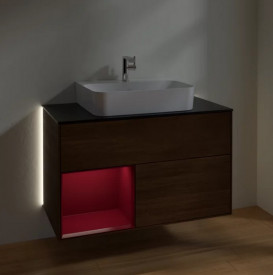 Тумба под раковину Villeroy & Boch Finion 100х50,1 см с подсветкой ДСП шпон грецкого ореха/пион матовый лак/стекло черное матовое G112HBGN