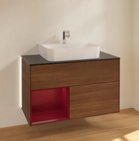 Тумба под раковину Villeroy & Boch Finion 100х50,1 см с подсветкой ДСП шпон грецкого ореха/пион матовый лак/стекло черное матовое G112HBGN