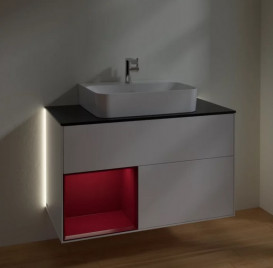 Тумба под раковину Villeroy & Boch Finion 100х50,1 см с подсветкой МДФ белый матовый лак/пион матовый лак/стекло черное матовое G112HBMT