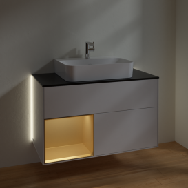 Тумба под раковину Villeroy & Boch Finion 100х50,1 см с подсветкой МДФ глянцевый белый лак/золотой матовый лак/стекло черное матовое G112HFGF