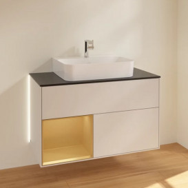 Тумба под раковину Villeroy & Boch Finion 100х50,1 см с подсветкой МДФ светло-серый матовый лак/золотой матовый лак/стекло черное матовое G112HFGJ