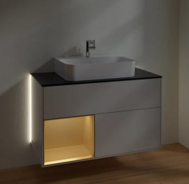 Тумба под раковину Villeroy & Boch Finion 100х50,1 см с подсветкой МДФ светло-серый матовый лак/золотой матовый лак/стекло черное матовое G112HFGJ
