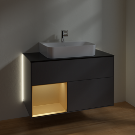 Тумба под раковину Villeroy & Boch Finion 100х50,1 см с подсветкой МДФ антрацит матовый лак/золотой матовый лак/стекло черное матовое G112HFGK