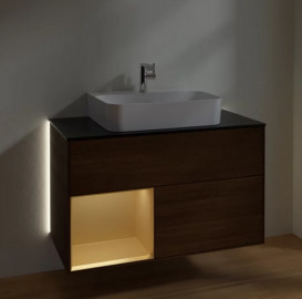 Тумба под раковину Villeroy & Boch Finion 100х50,1 см с подсветкой ДСП шпон грецкого ореха/золотой матовый лак/стекло черное матовое G112HFGN