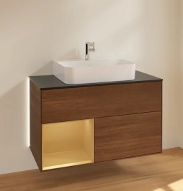 Тумба под раковину Villeroy & Boch Finion 100х50,1 см с подсветкой ДСП шпон грецкого ореха/золотой матовый лак/стекло черное матовое G112HFGN
