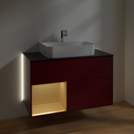 Тумба под раковину Villeroy & Boch Finion 100х50,1 см с подсветкой МДФ пион матовый лак/золотой матовый лак/стекло черное матовое G112HFHB