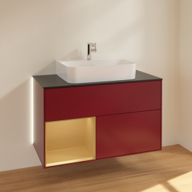 Тумба под раковину Villeroy & Boch Finion 100х50,1 см с подсветкой МДФ пион матовый лак/золотой матовый лак/стекло черное матовое G112HFHB