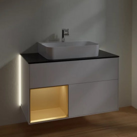 Тумба под раковину Villeroy & Boch Finion 100х50,1 см с подсветкой МДФ белый матовый лак/золотой матовый лак/стекло черное матовое G112HFMT