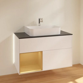 Тумба под раковину Villeroy & Boch Finion 100х50,1 см с подсветкой МДФ белый матовый лак/золотой матовый лак/стекло черное матовое G112HFMT