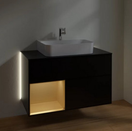 Тумба под раковину Villeroy & Boch Finion 100х50,1 см с подсветкой МДФ черный матовый лак/золотой матовый лак/стекло черное матовое G112HFPD