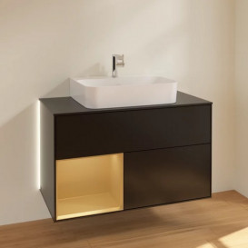 Тумба під раковину Villeroy & Boch Finion 100х50,1 см із підсвічуванням МДФ чорний матовий лак/золотий матовий лак/скло чорне матове G112HFPD