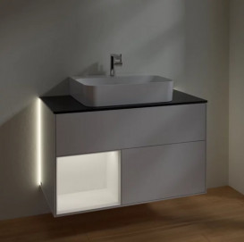 Тумба под раковину Villeroy & Boch Finion 100х50,1 см с подсветкой МДФ глянцевый белый лак/белый матовый лак/стекло черное матовое G112MTGF