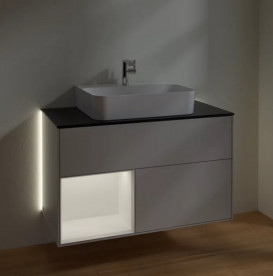 Тумба под раковину Villeroy & Boch Finion 100х50,1 см с подсветкой МДФ светло-серый матовый лак/белый матовый лак/стекло черное матовое G112MTGJ