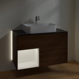 Тумба под раковину Villeroy & Boch Finion 100х50,1 см с подсветкой ДСП шпон грецкого ореха/белый матовый лак/стекло черное матовое G112MTGN