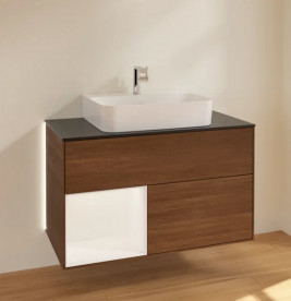 Тумба под раковину Villeroy & Boch Finion 100х50,1 см с подсветкой ДСП шпон грецкого ореха/белый матовый лак/стекло черное матовое G112MTGN