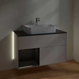 Тумба под раковину Villeroy & Boch Finion 100х50,1 см с подсветкой МДФ светло-серый матовый лак/черный матовый лак/стекло черное матовое G112PDGJ