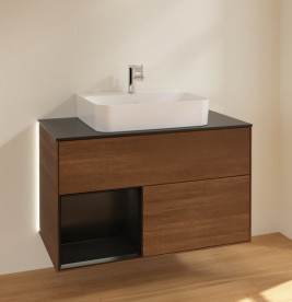 Тумба под раковину Villeroy & Boch Finion 100х50,1 см с подсветкой ДСП шпон грецкого ореха/черный матовый лак/стекло черное матовое G112PDGN