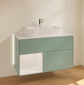 Тумба под раковину Villeroy & Boch Finion 100х50,1 см с подсветкой МДФ оливковый матовый лак/глянцевый белый лак/стекло белое матовое G111GFGM