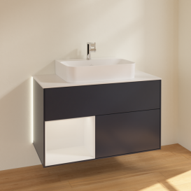 Тумба под раковину Villeroy & Boch Finion 100х50,1 см с подсветкой МДФ темно-синий матовый лак/глянцевый белый лак/стекло белое матовое G111GFHG