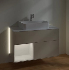 Тумба под раковину Villeroy & Boch Finion 100х50,1 см с подсветкой МДФ песок матовый лак/глянцевый белый лак/стекло белое матовое G111GFHH