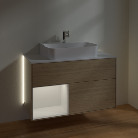 Тумба под раковину Villeroy & Boch Finion 100х50,1 см с подсветкой ДСП шпон дуба/глянцевый белый лак/стекло белое матовое G111GFPC