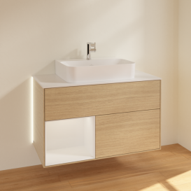 Тумба под раковину Villeroy & Boch Finion 100х50,1 см с подсветкой ДСП шпон дуба/глянцевый белый лак/стекло белое матовое G111GFPC