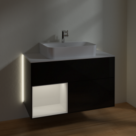 Тумба под раковину Villeroy & Boch Finion 100х50,1 см с подсветкой МДФ глянцевый черный лак/глянцевый белый лак/стекло белое матовое G111GFPH