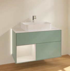 Тумба под раковину Villeroy & Boch Finion 100х50,1 см с подсветкой МДФ оливковый матовый лак/светло-серый матовый лак/стекло белое матовое G111GJGM