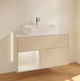 Тумба під раковину Villeroy & Boch Finion 100х50,1 см з підсвічуванням МДФ пісок матовий лак/світло-сірий матовий лак/скло біле матове G111GJHH