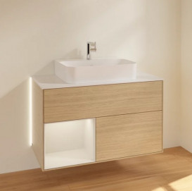 Тумба под раковину Villeroy & Boch Finion 100х50,1 см с подсветкой ДСП шпон дуба/светло-серый матовый/стекло белое матовое G111GJPC