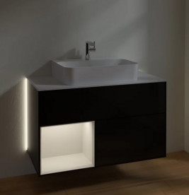 Тумба под раковину Villeroy & Boch Finion 100х50,1 см с подсветкой МДФ глянцевый черный лак/светло-серый матовый/стекло белое матовое G111GJPH